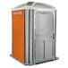 A grey and orange PolyJohn wheelchair accessible portable restroom.