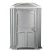 A PolyJohn wheelchair accessible portable restroom with a grey door.