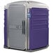 A purple and white PolyJohn wheelchair accessible portable toilet.