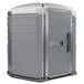 A grey PolyJohn wheelchair accessible portable toilet with a door.