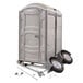 A white PolyJohn portable restroom trailer with wheels.