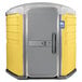 A yellow and white PolyJohn wheelchair accessible portable toilet.