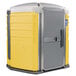 A yellow and grey PolyJohn wheelchair accessible portable toilet.