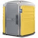 A yellow and grey PolyJohn wheelchair accessible portable toilet.