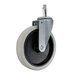 A black and white wheel with a metal screw.