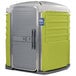 A green and grey PolyJohn wheelchair accessible portable toilet.