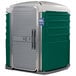 A green and white PolyJohn wheelchair accessible portable toilet.