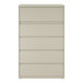 A putty-colored five-drawer lateral file cabinet with roll-out binder storage.