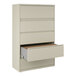 A five-drawer putty-colored lateral file cabinet with one drawer open, designed for binder and file storage.