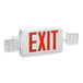 A white rectangular exit sign with red letters and red arrow on white background.