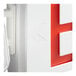 A white rectangular Lavex exit sign with red and white rectangular sections containing the letter e.