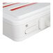 A white plastic box with red and white stripes containing a white device with red lettering.