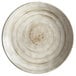 A white Elite Global Solutions round melamine plate with a brown spiral pattern.