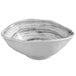 A white melamine oval bowl with black stripes.