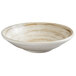 A white melamine bowl with a brown rim.