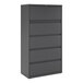 A charcoal five-drawer lateral file cabinet with roll out binder storage.