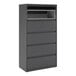 A charcoal five-drawer lateral file cabinet with a roll-out binder storage compartment.