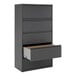 A charcoal five-drawer lateral file cabinet with one drawer open, designed for office storage and organization.