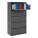 A charcoal five-drawer lateral file cabinet with a roll-out binder storage shelf containing assorted binders.