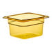 A Cambro amber high heat plastic food pan with a lid on a counter.