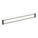 A white metal end shelf rail with a pair of metal rods.
