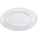 An oval taupe melamine plate with a white background.