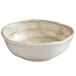 A white melamine bowl with a brown rim.