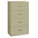 A putty file cabinet with four drawers and silver handles.