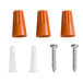 A group of orange plastic screws and caps with screws.