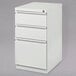 A white Hirsh Industries mobile pedestal file cabinet with drawers.