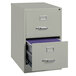 A gray Hirsh Industries two-drawer vertical legal file cabinet with a drawer open.