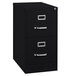 A black Hirsh Industries two-drawer vertical letter file cabinet with silver handles.