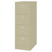 A close-up of a Hirsh Industries putty file cabinet with four drawers.