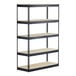 A black metal Hirsh Industries boltless shelving unit with four shelves.