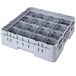 A grey plastic Cambro cup rack with 16 compartments.