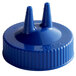 a blue plastic cap with two pointy tips