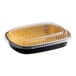 A black and gold Durable Packaging aluminum foil container with a clear lid.