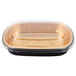 A Durable Packaging black and gold aluminum foil container with a clear plastic lid.