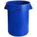 A blue plastic trash can with black text that reads "Lavex"