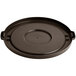 A round black plastic lid for a Lavex commercial trash can with a circular hole in the middle.