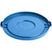 A blue plastic lid for a circular commercial trash can.