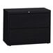 A black Hirsh Industries two-drawer lateral file cabinet.