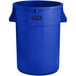 A blue plastic Lavex commercial trash can with handles.