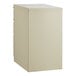 A beige Hirsh Industries mobile pedestal file cabinet with a white rectangular surface.