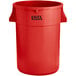 A red plastic Lavex commercial trash can with a lid.