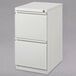 A white Hirsh Industries mobile pedestal letter file cabinet with two drawers.