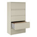 A beige five-drawer lateral file cabinet with one drawer open, designed for office storage and organization.