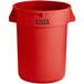 A red Lavex plastic trash can with a lid.