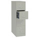 A Hirsh Industries gray four-drawer vertical letter file cabinet with one drawer open.