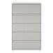 A gray five-drawer lateral file cabinet with roll-out binder storage.